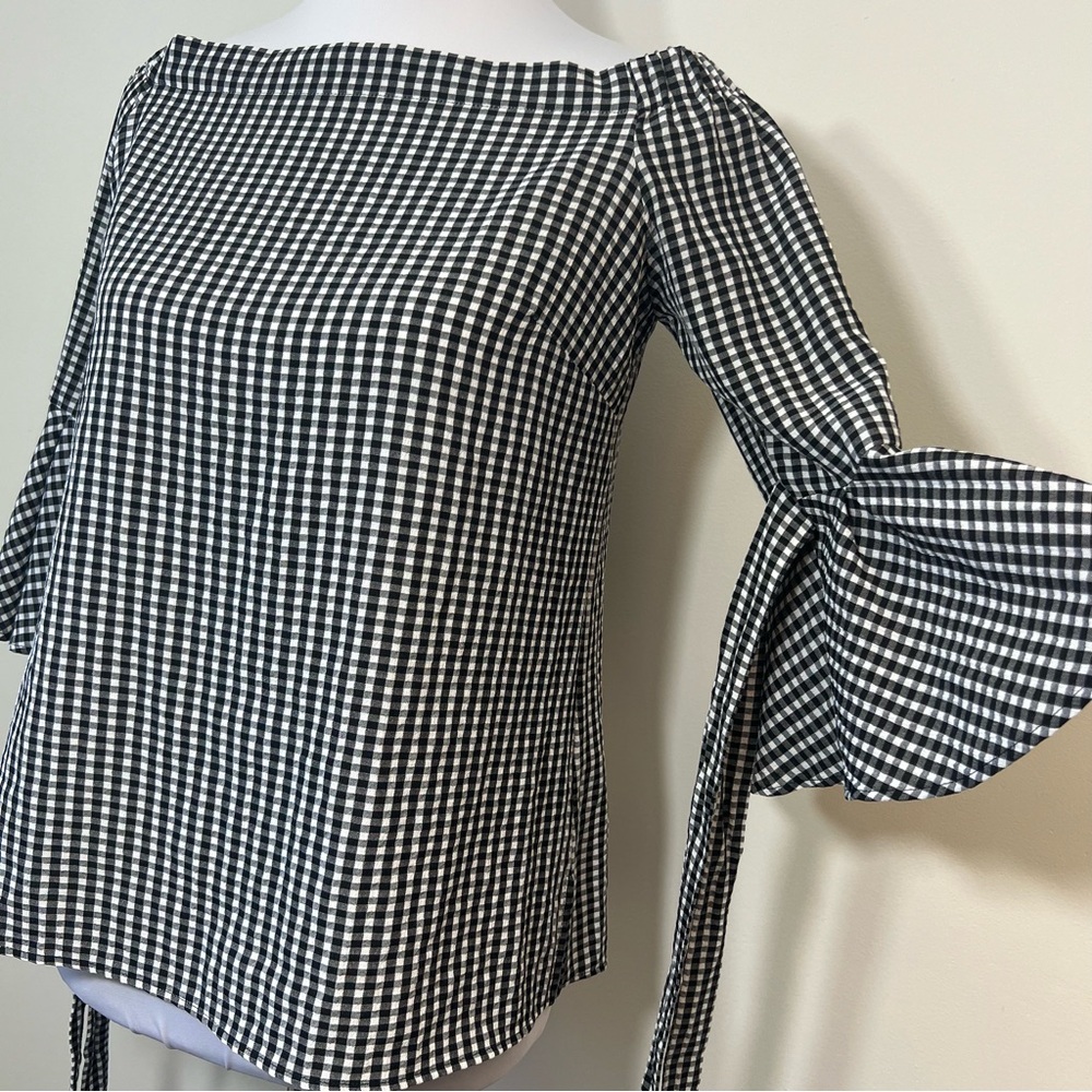 H&M Checked Off Shoulder Ruffle Sleeve Top - Picture 2 of 5